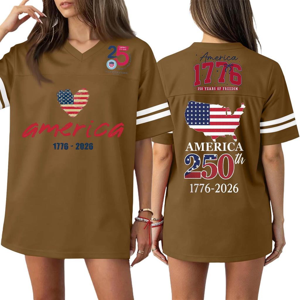 Damska Codzienna Modna Koszulka Sportowa z Dekoltem V z Nadrukiem na Dzień Niepodległości Krótkim Rękawem Top