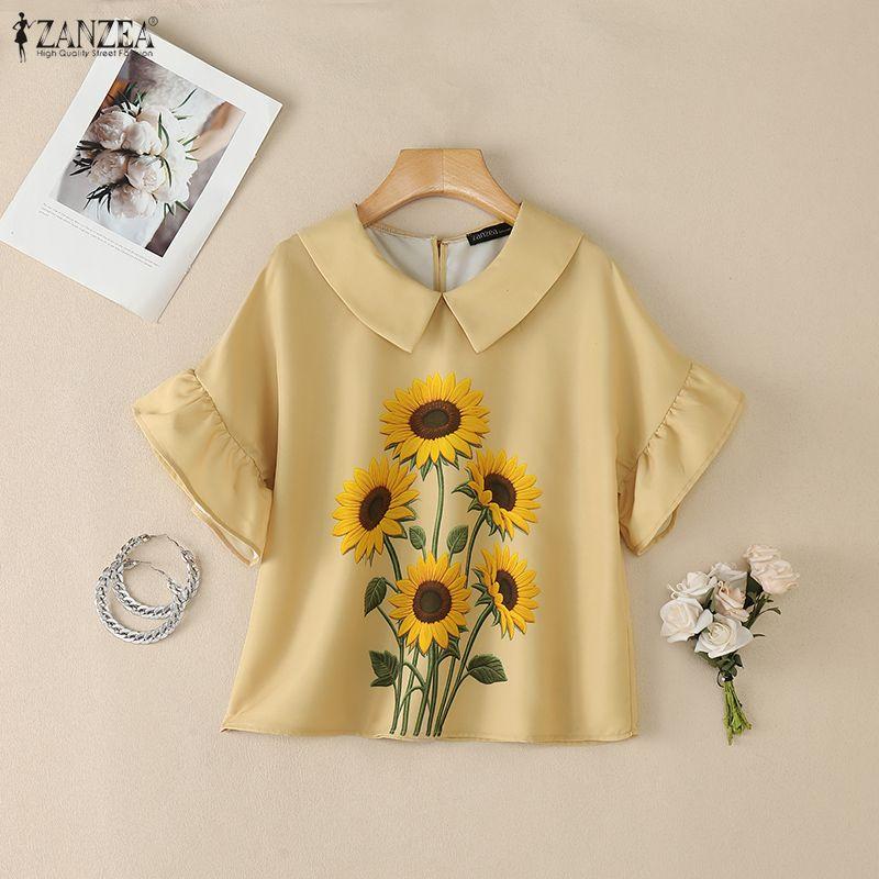 ZANZEA Women Floral Print Casual Turn Down Collar Looose Summer Short Sleeve Blouse