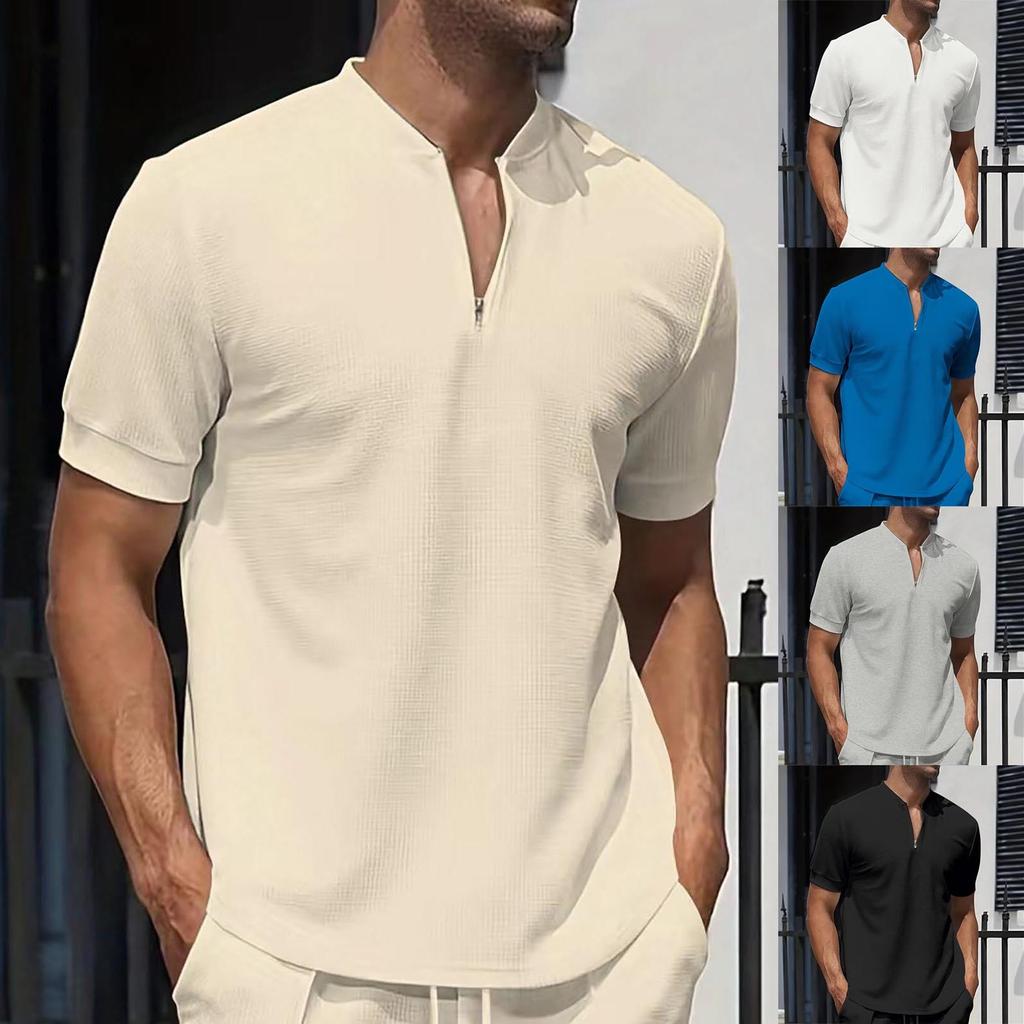 Men's Summer New Zipper Stand Up Neck Solid Short Sleeved T-shirt