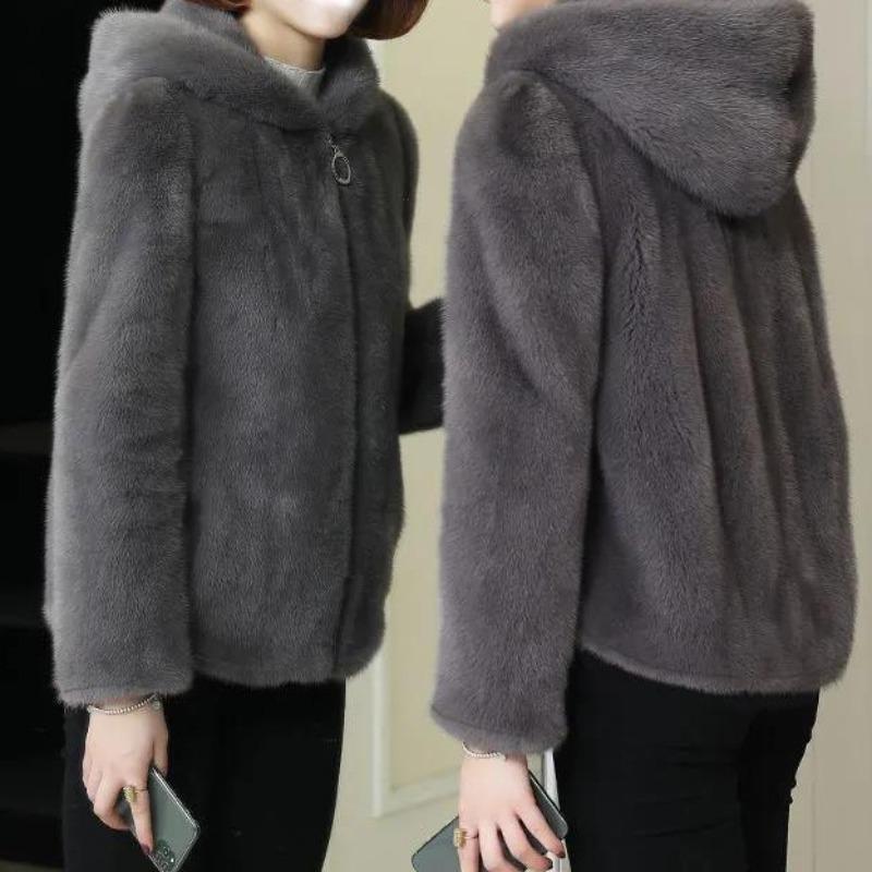Fleece Thickened Warm Hooded Sweater Cardigan Women's Autumn and Winter Loose Imitation Lamb Plush Coat