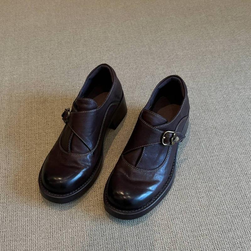 

Soft cowhide~ Genuine leather platform women s small thick heel single shoes retro brown small leather shoes 35