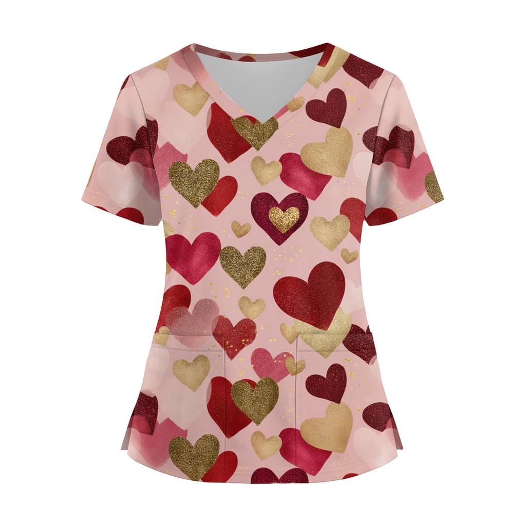 Damenmode V-Ausschnitt Kurzarm Overalls mit Taschen Print Tops Kleidung