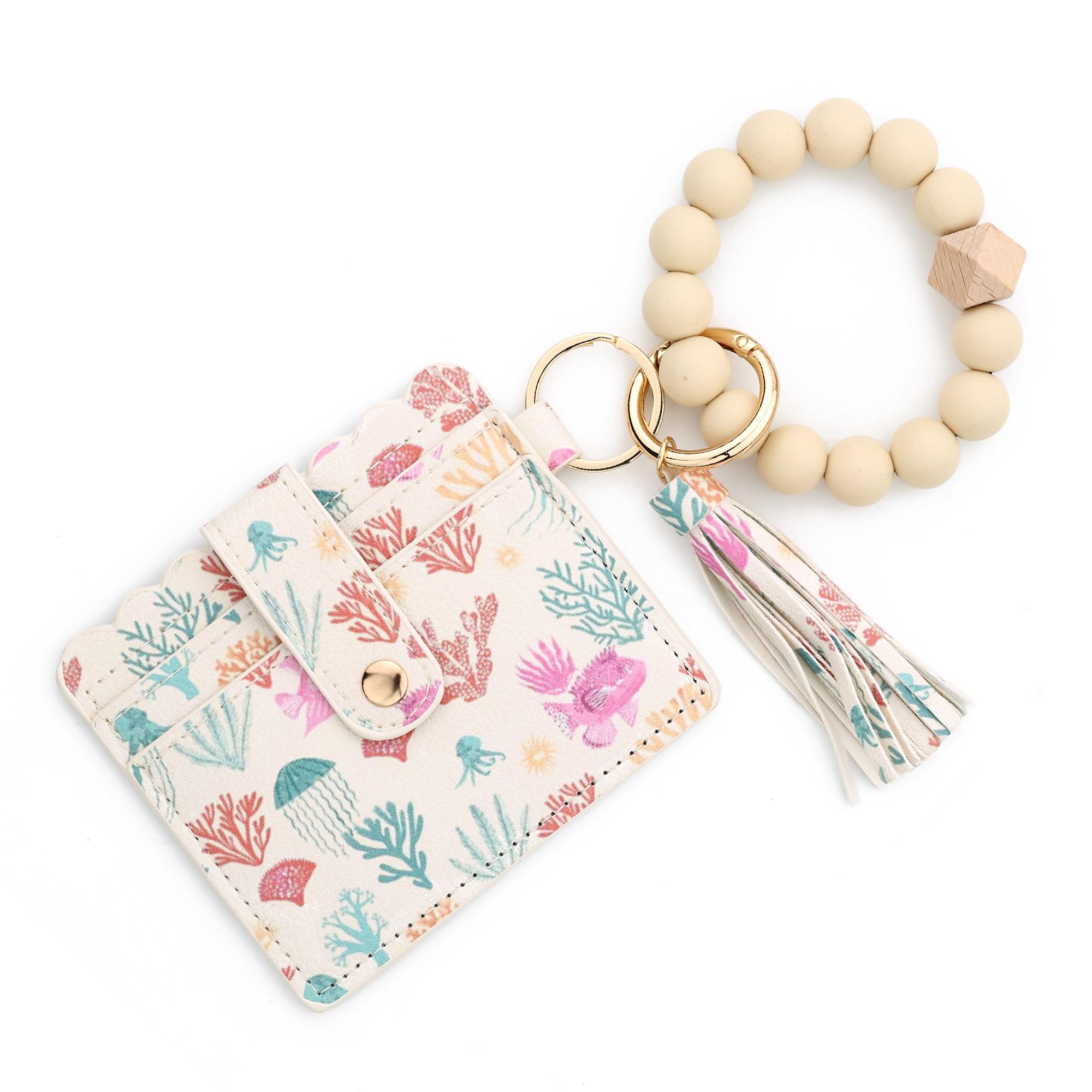 2025 Silicone Bead Bracelet Ocean Print Leather Card Bag Wristlet Keychain Mushroom Fruit Leather Wallet Bangle