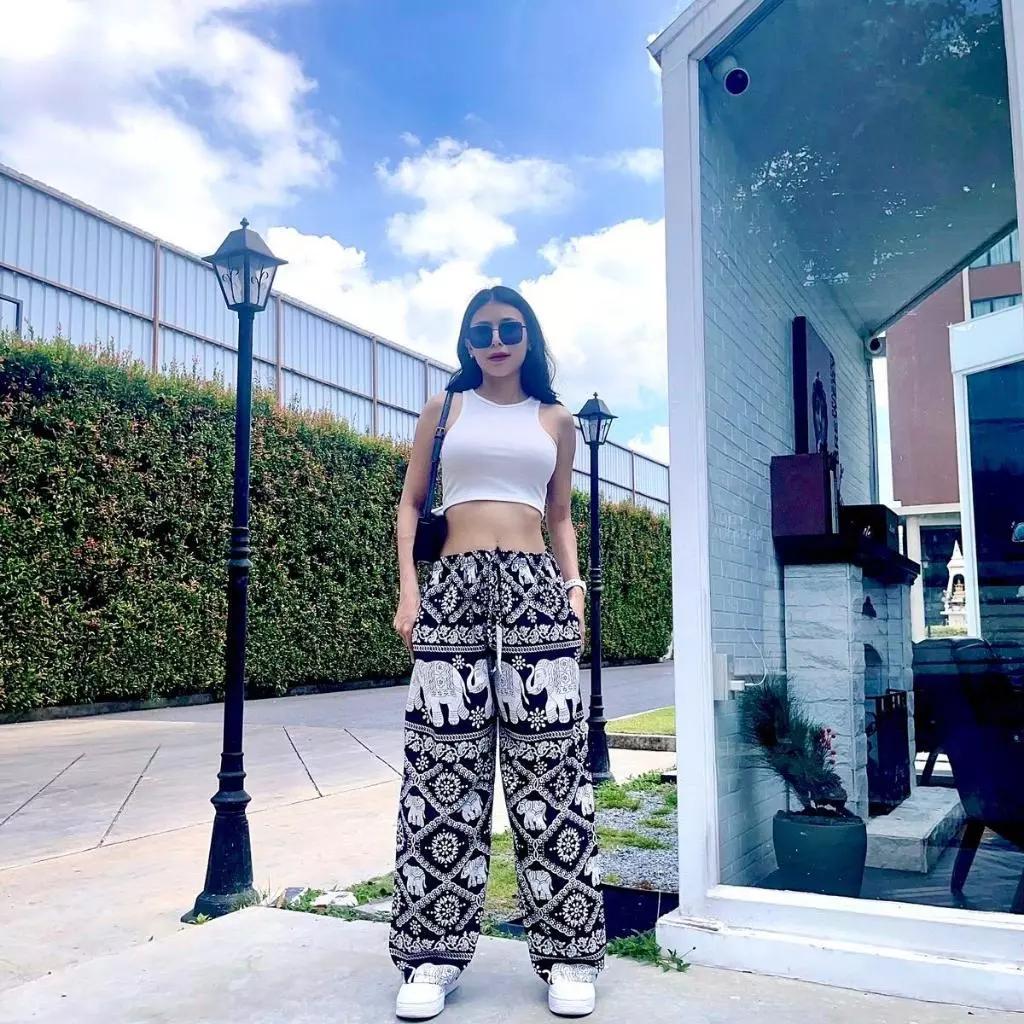 Elephant Pants Women Men Unisex Premium Japanese Silk Print Thailand Casual Streetwear Beach Bohemian Retro Vintage Adjustable Rope Loose Legs