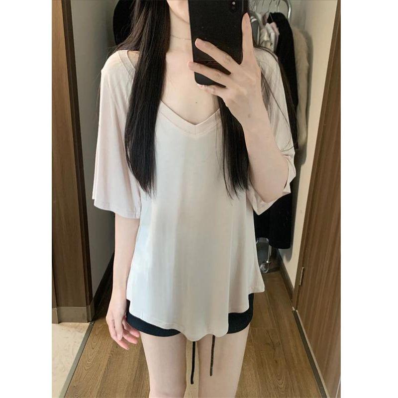 

Plus Size Chubby Girl K-style Casual Laid-Back Style V Neck Short-Sleeved T-shirt Women s Summer New Arrival Loose Slimming Slim Fit Bottoming Shirt Black M