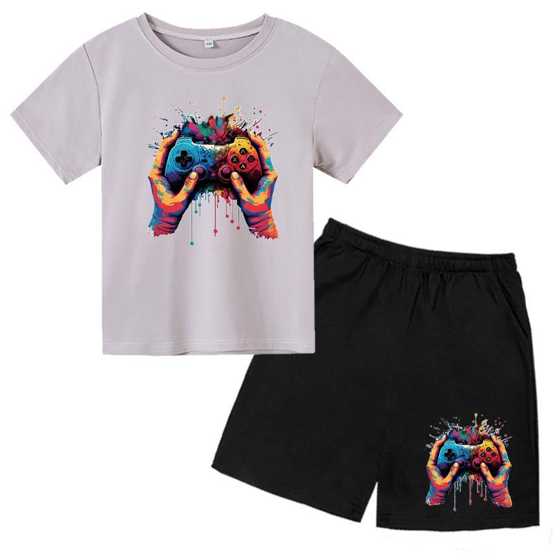 

Детская футболка с 2D принтом граффити, игровая машина, лето 2024, модные повседневные комплекты с короткими рукавами, уличный костюм в стиле Харадзюку 150CM