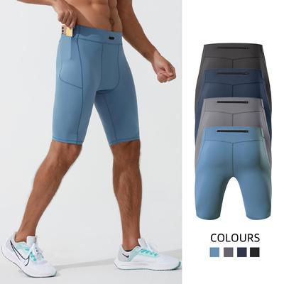 Men's Summer High Elastic Aerobics Tights Quick-dry Training Running Short Pants Fitness Sports Shorts with Pockets