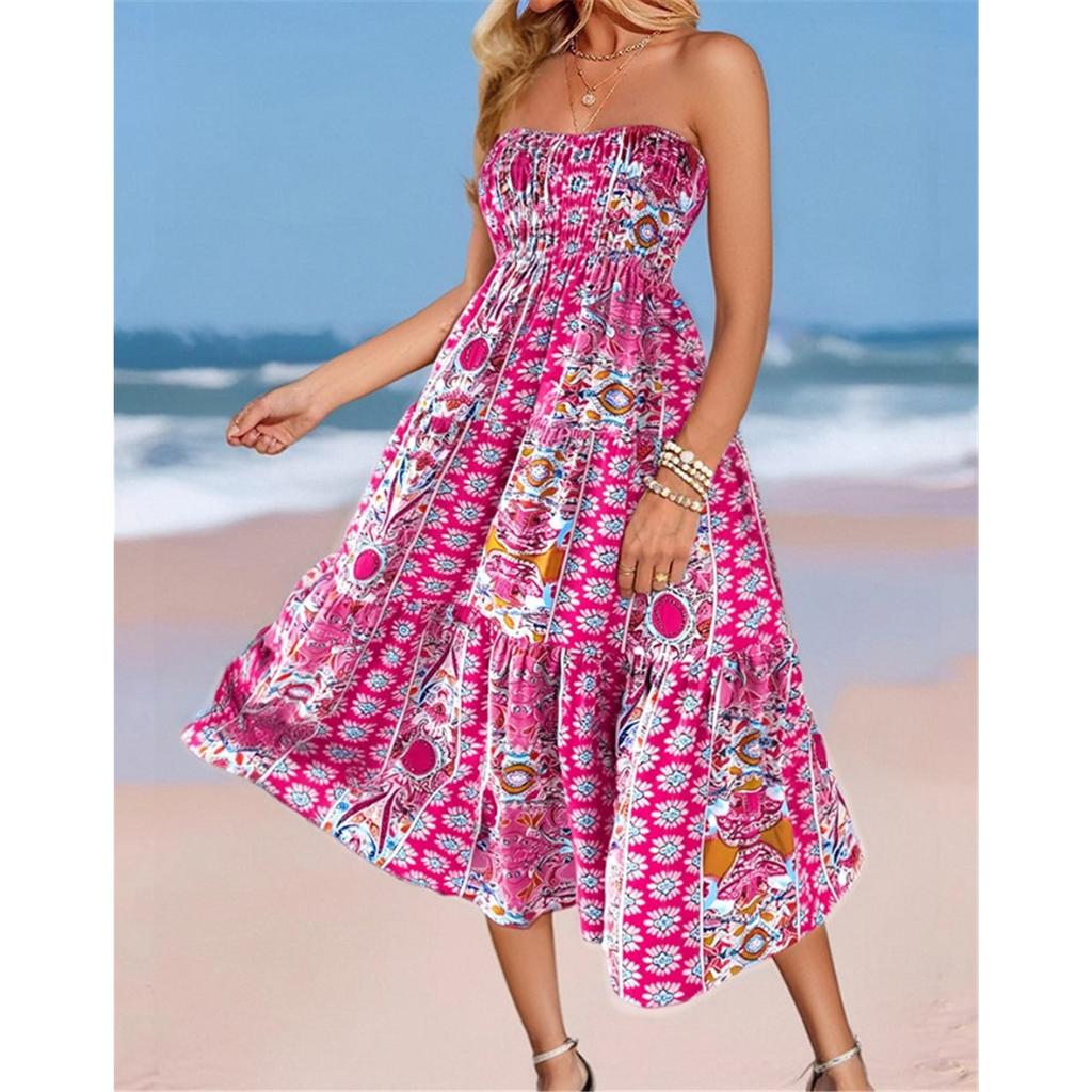 Sommer Neu Böhmischer Urlaubsstil Mehrfarbiger Druck Süßes Bustierkleid Große Schwingkleider für Frauen