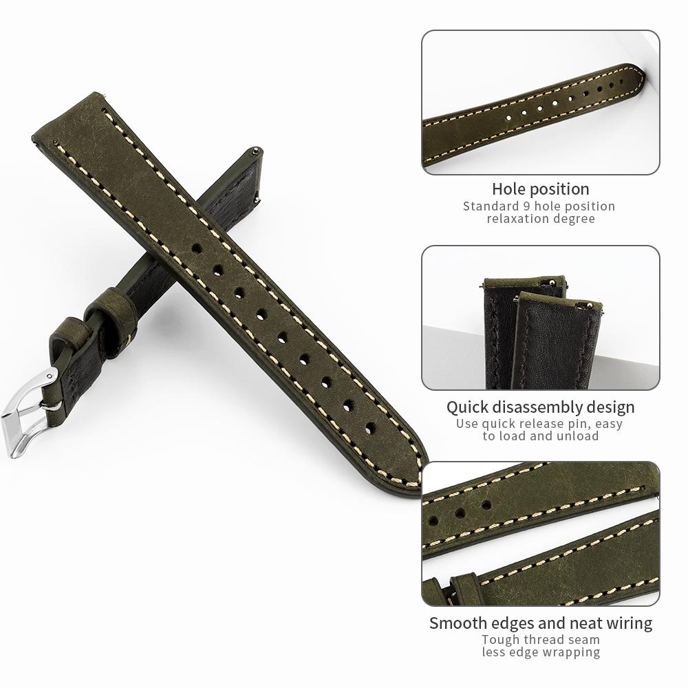 18mm 20mm 22mm Retro Nubuck Leather Strap Quick Release Bar Wristband Brown Green Coffee Men Women Universal Bracelet Watch Band