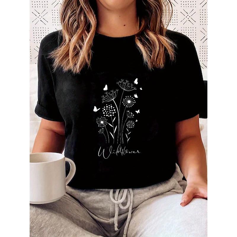 

Женская футболка с цветочным принтом и бабочками, черно-белая, с ромашками, одуванчиками, слоганом «Следуй своему пути», с круглым вырезом, коротким рукавом, для любого сезона, для улицы, можно стирать в машине S чёрный