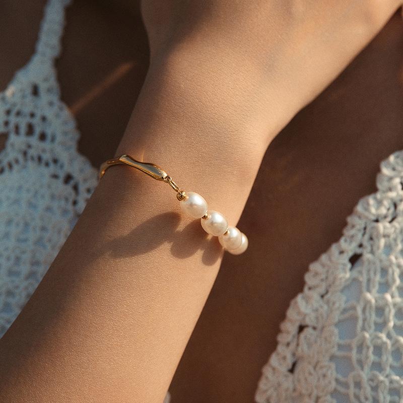 Gold Plated Half Pearl Half Irregular Metal Bangle Bracelet