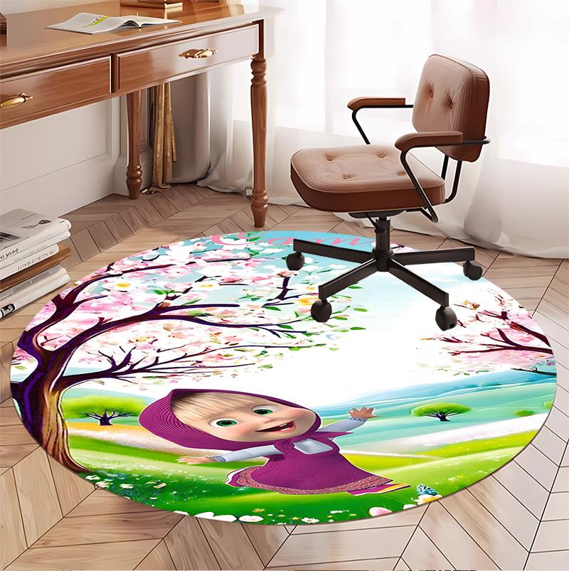 Masha and The Bear Pattern Round Rug, Indoor/Outdoor Mat, for Picnic, Gameroom, Bedroom, Office, Living Room, Home Decor Carpet, Birthday Gift