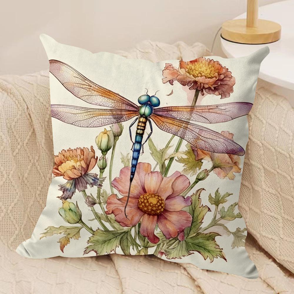 Watercolor Dragonfly and flower Cushion Cover Short plush Doublesided Print Square Throw Pillow Covers Sofa Home Cushion Decor