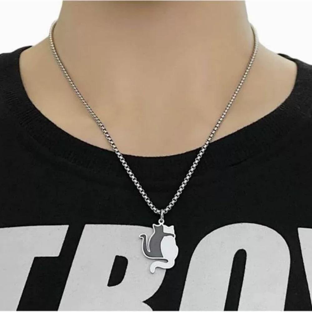 New Stainless Steel Black White Cat Pendant Keychain Necklace Trendy Versatile Punk Anime Animal Couple Jewelry Gift