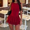 Spring Summer Women's Red Solid Sleeveless Mini Dress Ruffle Tiered Hem Party Bodycon Dress