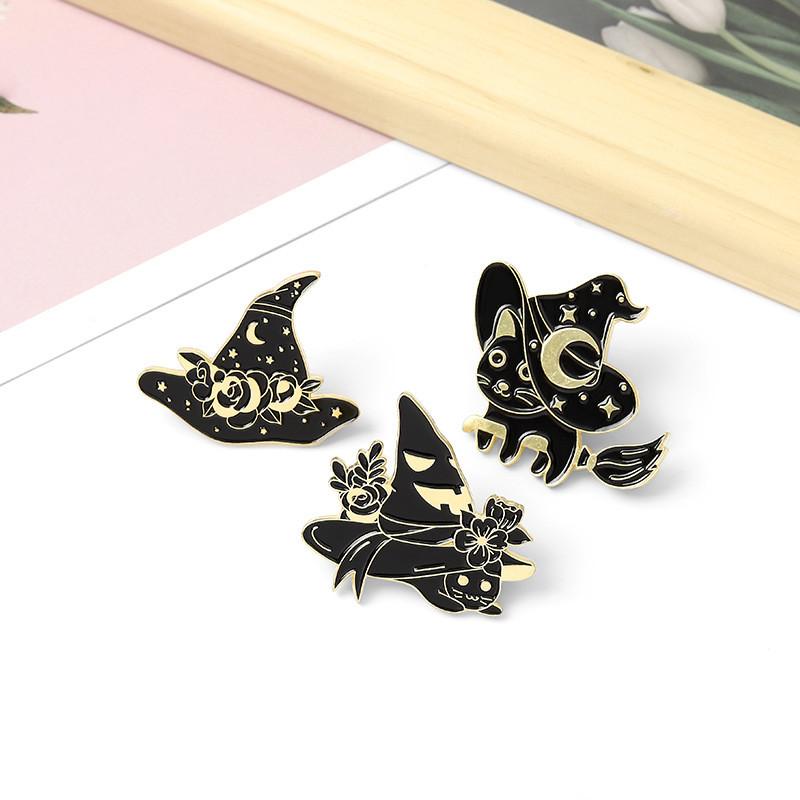 Black Cat Adorable Witch Hat Brooch Elegant Alloy Design For Spooky Looks Halloween