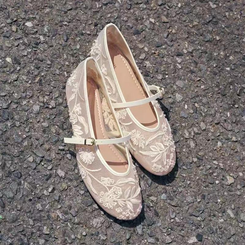 Breathable Mesh Embroidery Pearls Women Ballet Flats Spring Summer Comfort Soft Soles Mary Janes Girls Dance Shoes
