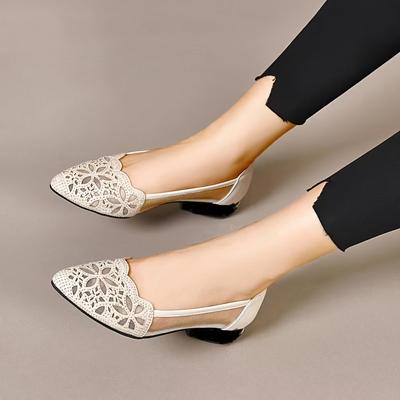 Women's Summer Soft-Sole Sandals Women's Mesh Soft-Leather Flats Low-Cut Leather Shoes Chunky-Heel Round-Toe Openwork Shoes