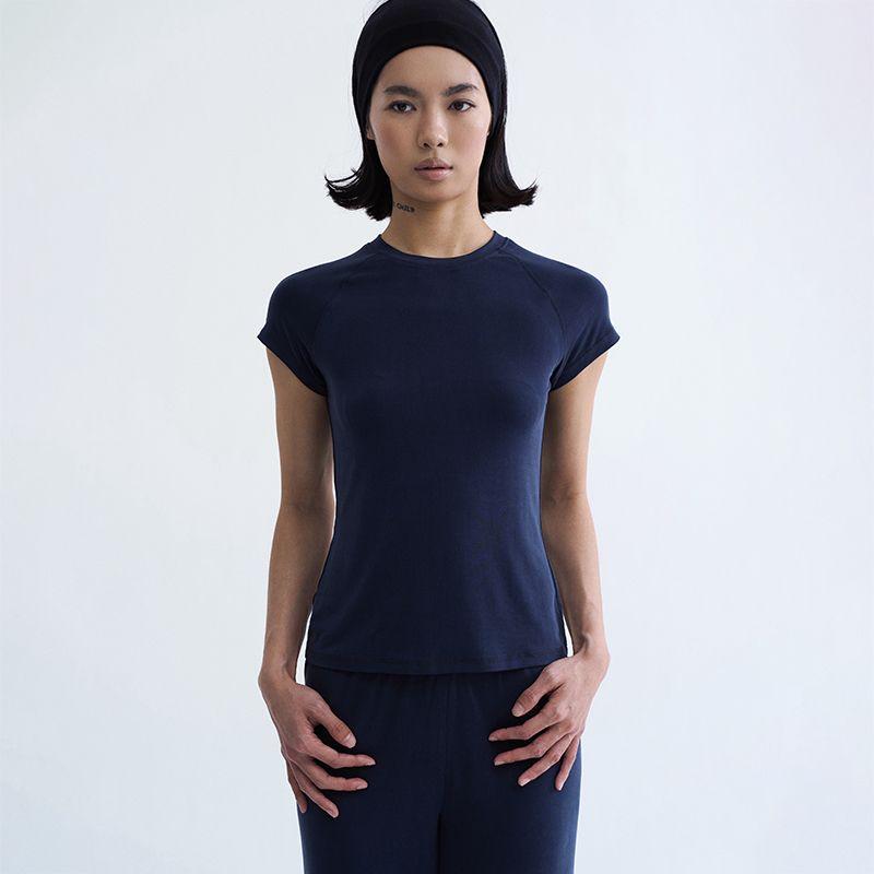 

Aolol Soft Fog Smooth Skin Sense Raglan round Neck Short sleeve T-shirt Women Summer Stretch Slim fit Slimming Short Top Tibetan Blue L