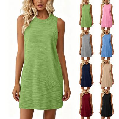 Women Sleeveless Crew Neck Casual Dress with Side Pockets Summer Solid Relaxed Fit Pullover Dress for Daily Wear