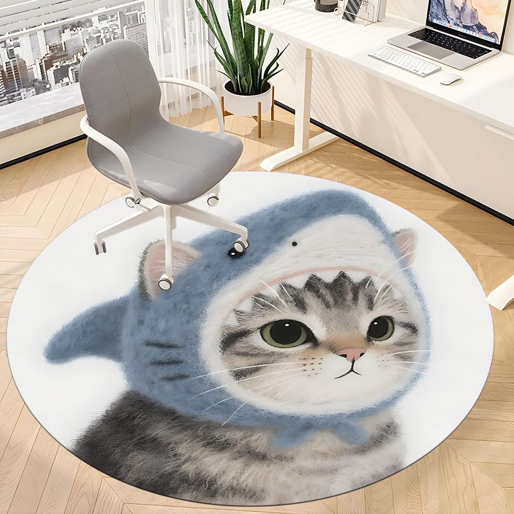 1PC Shark Cat Office Round Area Rug, Indoor Mat Suitable ForOffice, Under Office Chairs Bedroom Living Room Home Decor, Room Deco f171