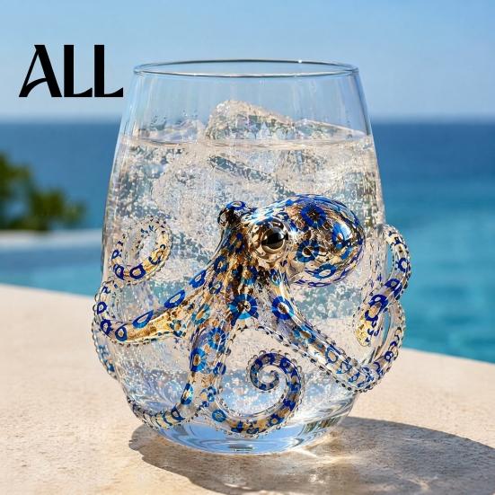 Unique Gift for Ocean Lovers 12oz Octopus Water Cup, Embossed Design, Hand Painted Marine Style Themed Glassware Drinking Home Bar Decor Stemless