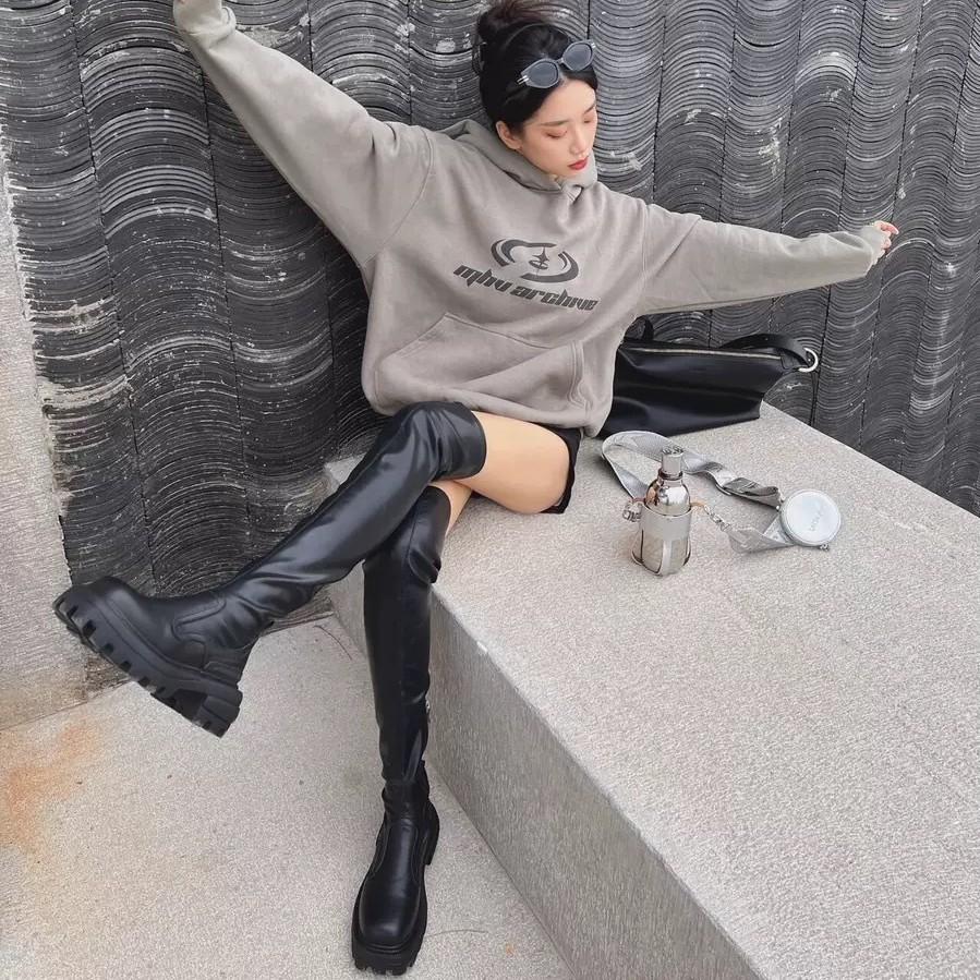 Stretch Over Knee Boots Sexy Spice Girls Thick Heel Leather Tall Boots Women's Winter 2025 Coat Boots