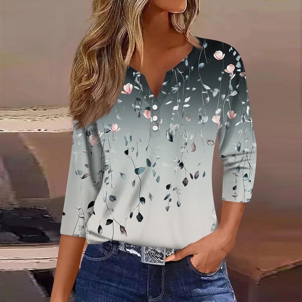 Damska koszulka T-shirt z nadrukiem Rękaw 3/4 Codzienny weekend Moda Podstawowy Dekolt w kształcie litery V Regularny top