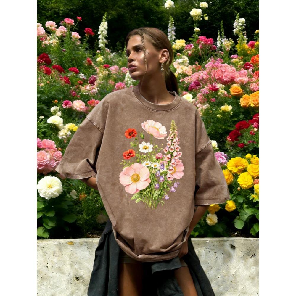 Beautiful Daisy Wind Chime Flower Print Washed T Shirt Women Casual Cotton T-Shirts Hip Hop Clothes Loose Short Sleeves