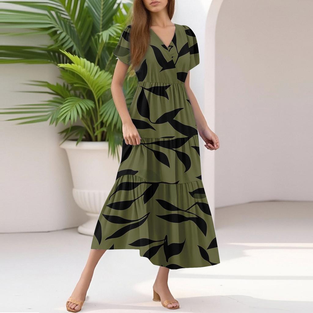 Ladies Summer Casual Fashion V-Neck Ruffle Sleeve Floral Print Midi Dress