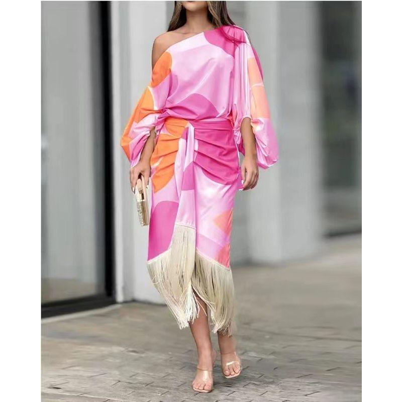 

Top Fringe Skirt Fashion Women s New Arrival Print Lantern Sleeve Loose Tops Tassel Skirt Two-piece Set A092 Rose Red Print XXL
