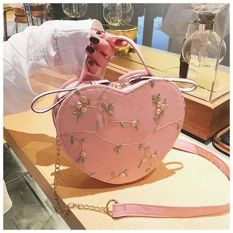 New Women Spring Summer Heart-shaped Handbag Crossbody Bags Zipper PU Leather Shoulder Bag Leisure