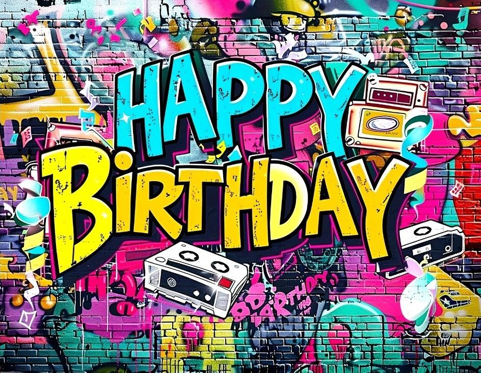 Graffiti Style Vibrant Birthday Background Urban Retro Style Birthday Party Carnival Family Gathering Photography Background Vinyl 75X50cm