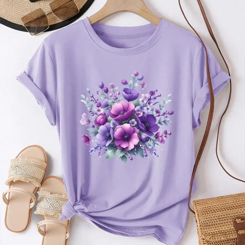 

Женская летняя футболка Ретро мода Футболки с коротким рукавом Повседневные топы с цветочным принтом 8XL светло-фиолетовый