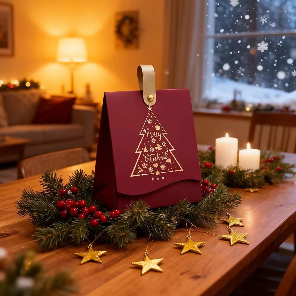 10PCS with Leather Handles Merry Christmas Candy Gift Box Hot-Stamped Cookie Package Bag Banquet