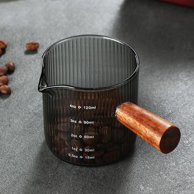 Glass Milk Cup Easy To Clean with Wood Handle Gray Measuring Cup Vertical Grain Multipurpose Espresso Cup Milk Espresso Cup