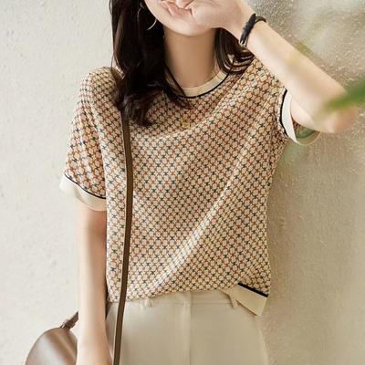 Women's 3XLT Shirt Imitation Silk Loose Ice Silk Top Women's Summer New Printed Chiffon Shirt Fashionable Short-sleeved Bottoming Shirt