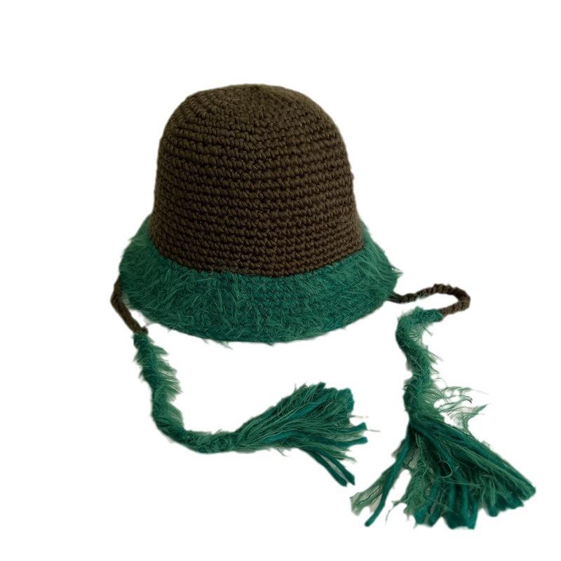 Winter women's color matching straps cute travel warm knitted hat imitation rabbit fur fashion wool hat