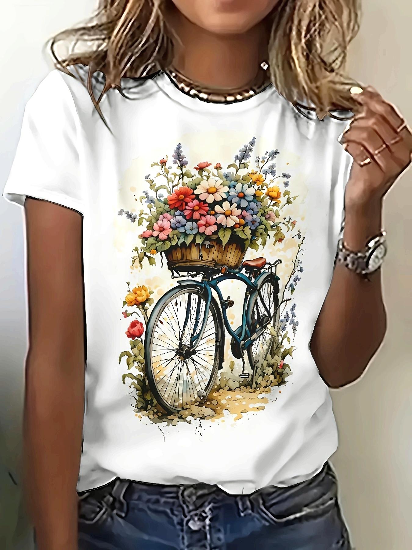 

Women Floral Bicycle Scenery 3D Print Short Sleeve Round Neck T-Shirt Simple Design Showing Natural And Elegant Style Trendy S
