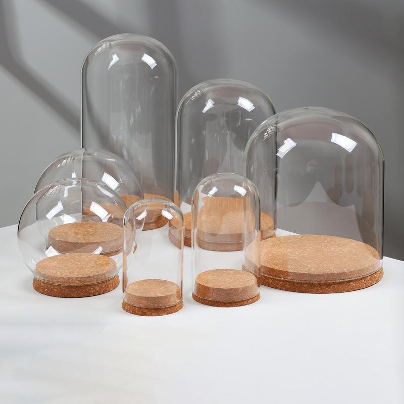 Customizable Modern Design Handmade Clear Glass Bell Jar Bell Dome Wooden Cork Base Tabletop Vase for Decorative Use DIY