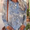 Women's Round Neck Long Sleeve T-Shirt Vintage Blue Paisley Floral Print Casual Loose Fit Tops