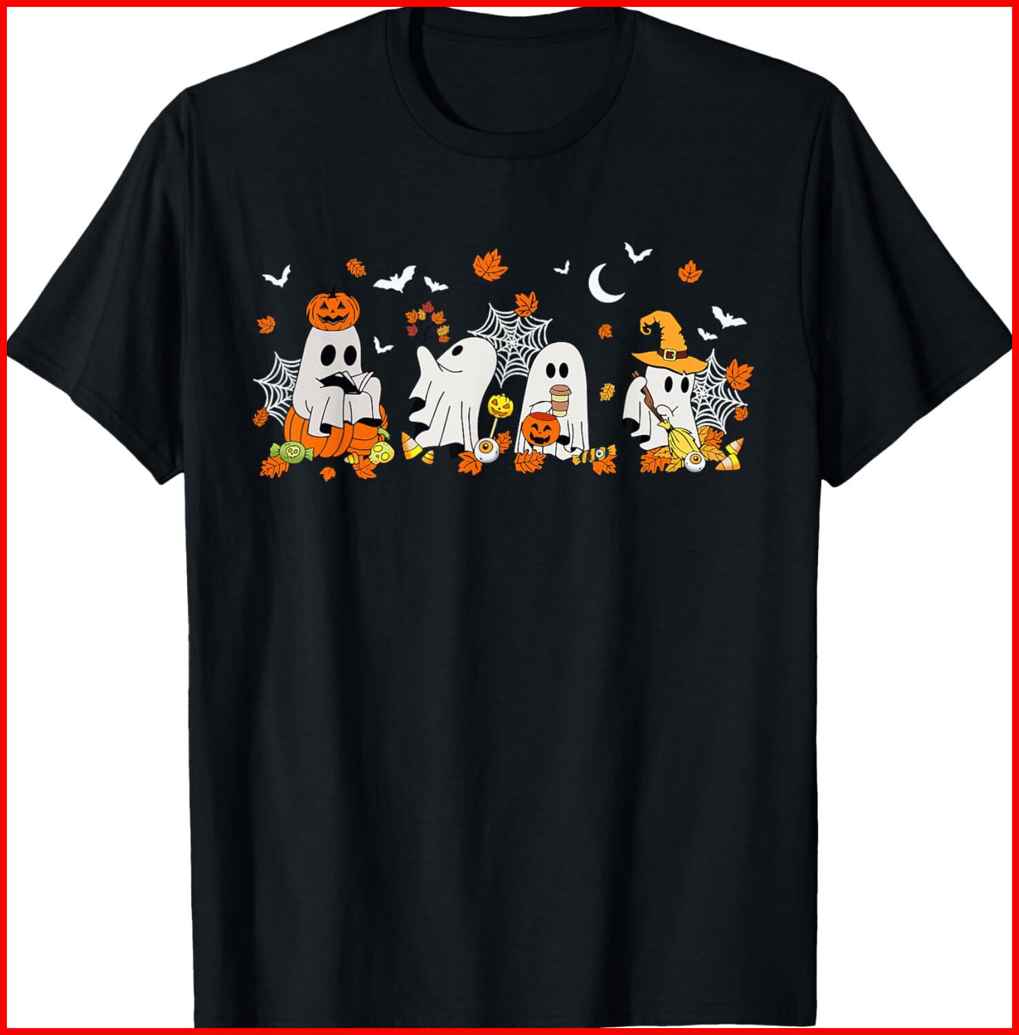 Cute Ghost Drinking Coffee Halloween Fall Ghost Book Reading black T-Shirt S-5XL XL
