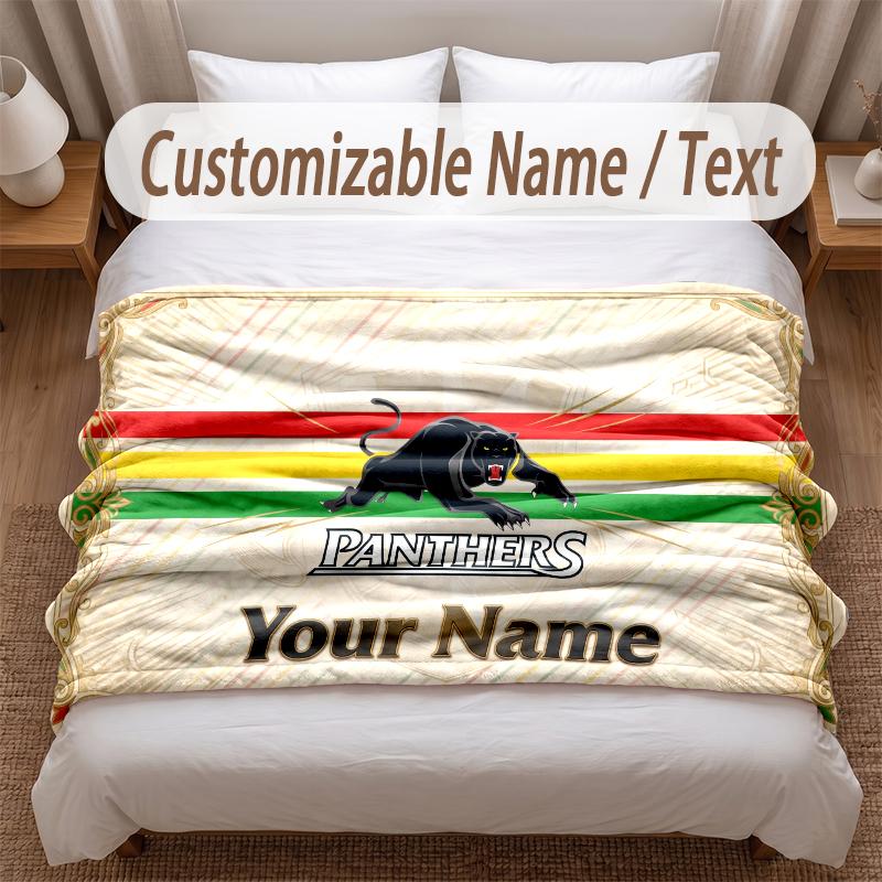 Penrith Panthers Printed Flannel Blanket Custom Name Text Soft Warm Throw For Bedroom Holiday Gift
