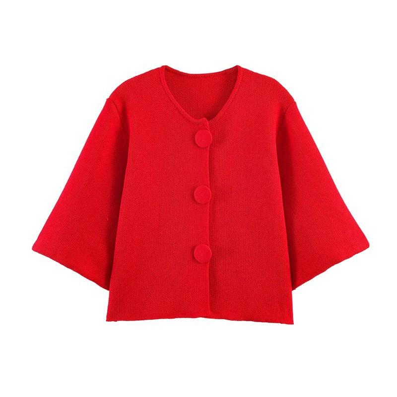 Women Fashion Brown Button Decoration Knitted Sweater Vintage Short Sleeves Female Leisure Lady Sweaters Y2k