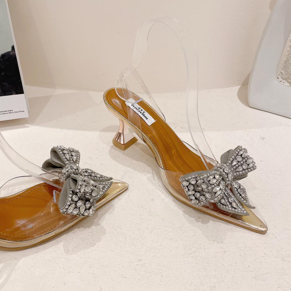 Fashion Silvery Transparent Spike Heels Sequin Rhinestone Women Slingbacks Pumps PVC Sexy Pointed Toe High Heels Shoes Ladies