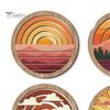 Living Room Wall Aesthetic 4Pcs Boho Sunset Art, Abstract Landscape Round Hanging Ornaments, Interior Design Soft Furnishings Wooden Decor for Bedroom