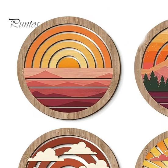 Living Room Wall Aesthetic 4Pcs Boho Sunset Art, Abstract Landscape Round Hanging Ornaments, Interior Design Soft Furnishings Wooden Decor for Bedroom