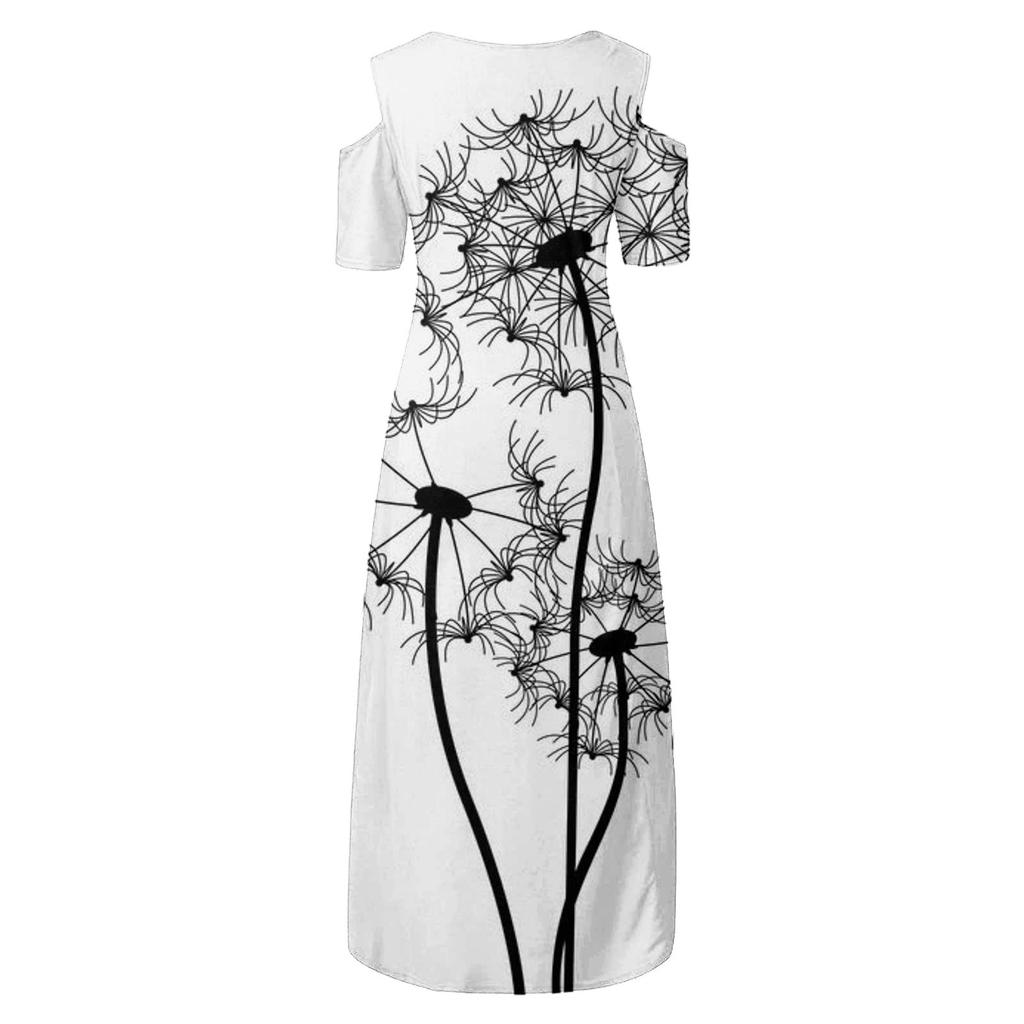 Women's Large Size Short Sleeve Fashion Floral Butterfly Print Round Neck Strapless Irregular Hem Dress