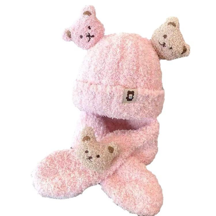 Baby hat autumn and winter plush scarf two-piece set baby boy and girl bear cute warm thickened toddler hat