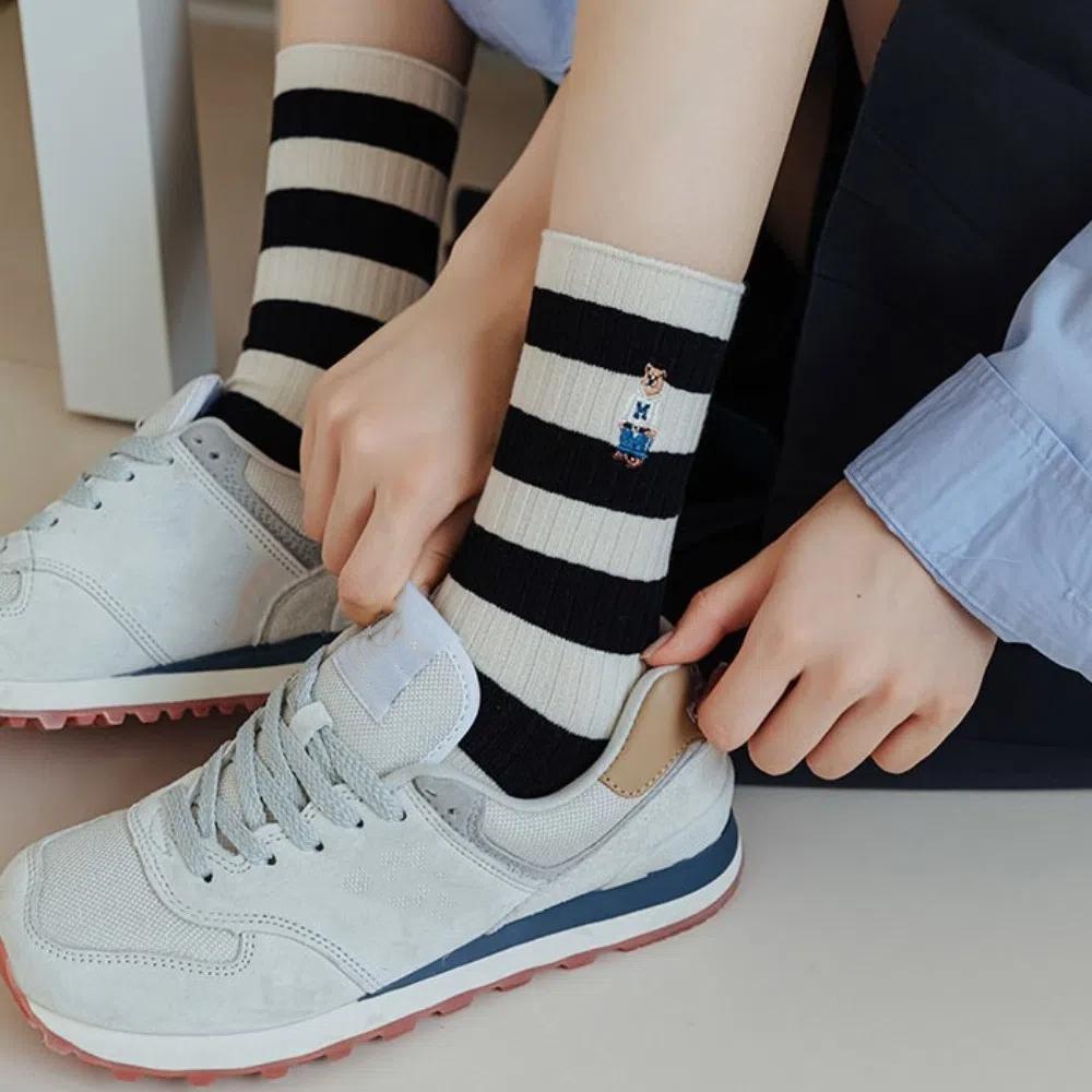 

5pairs Embroidery Bear Autumn Striped Socks Lolita JK Mid Calf Socks Cute Tube Socks Women Ladies